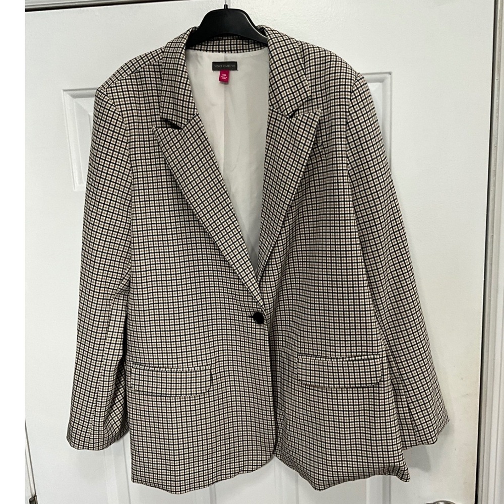 A New Day Womens Plaid Blazer Jacket Tan Black White Glen Check Size 2X